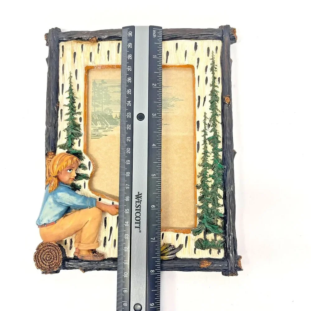 Vintage Wilcor 4x6 Photo Frame Hand Painted Camping Girl with Campfire Rustic
